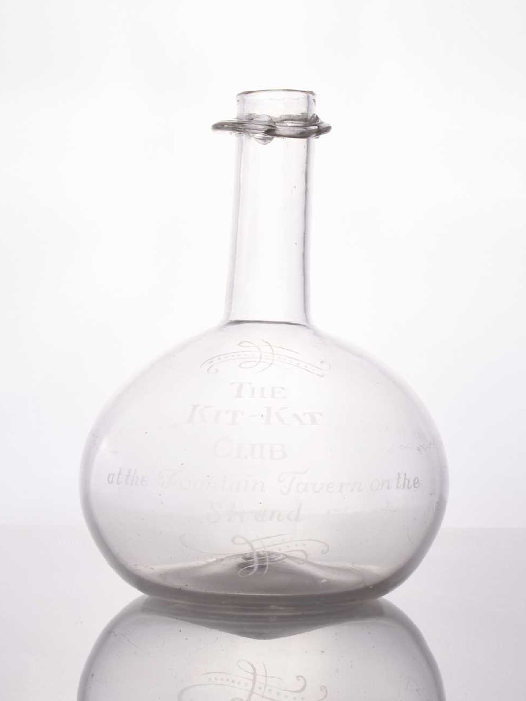 An interesting 'Kit Kat Club' glass decanter or carafe, early 18th century Halls Fine Art Shrewsbury